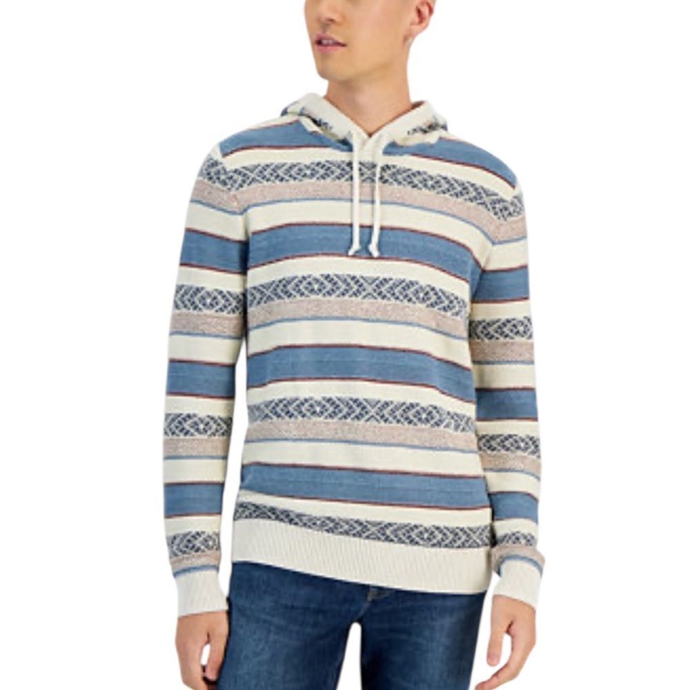 Sun+Stone blue and cream Striped Hooded Sweater size medium